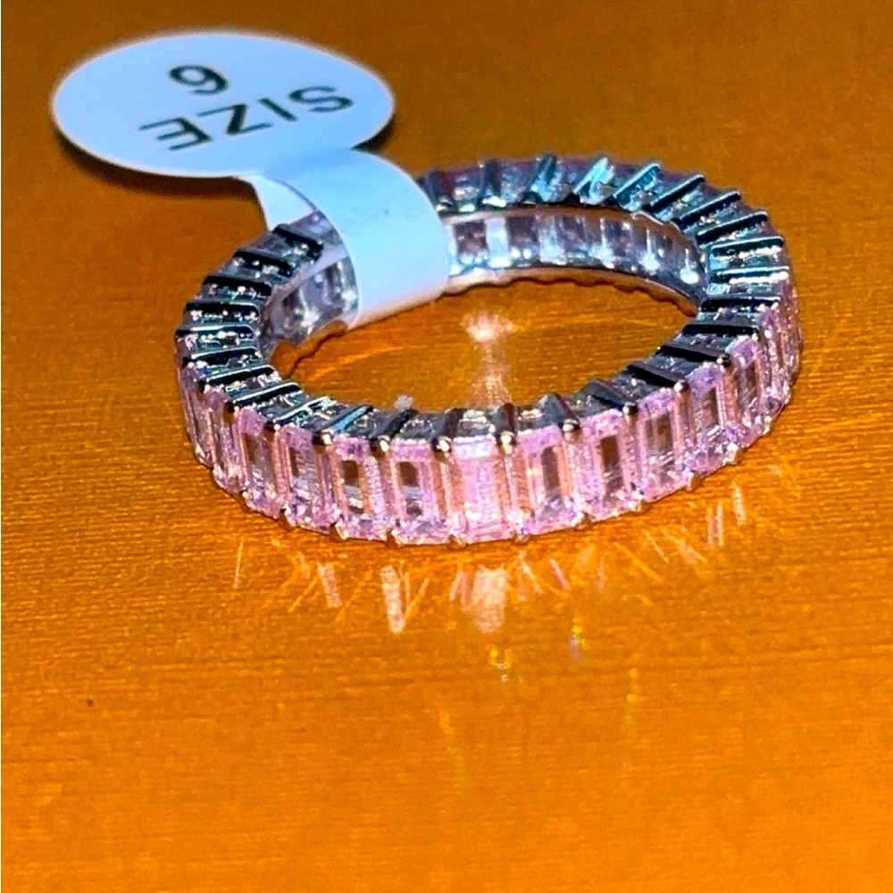 Elegant Pink Sterling Silver Ring eternity with baguettes
